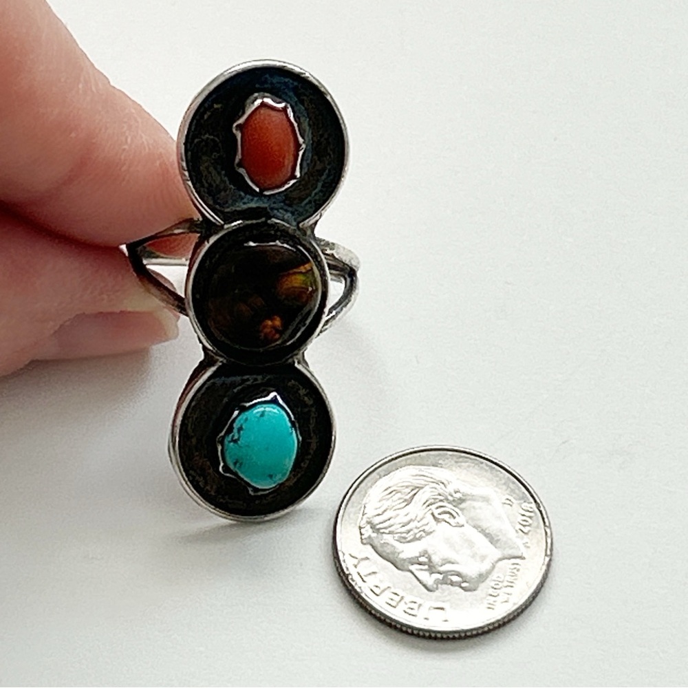 Stunning Vintage Southwestern Turquoise Fire Agate Coral Sterling Silver Ring - Picture 9 of 11